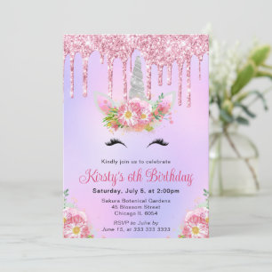Pink and Silver Floral Unicorn Kids Birthday Party Invitation