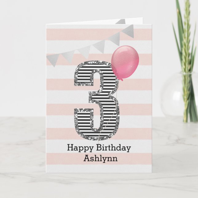 Pink and Silver Glitter 3rd Birthday  Card (Front)