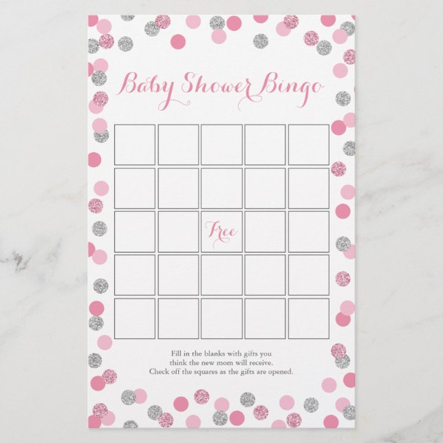 Pink and Silver Glitter Baby Shower Bingo Game Flyer (Front)