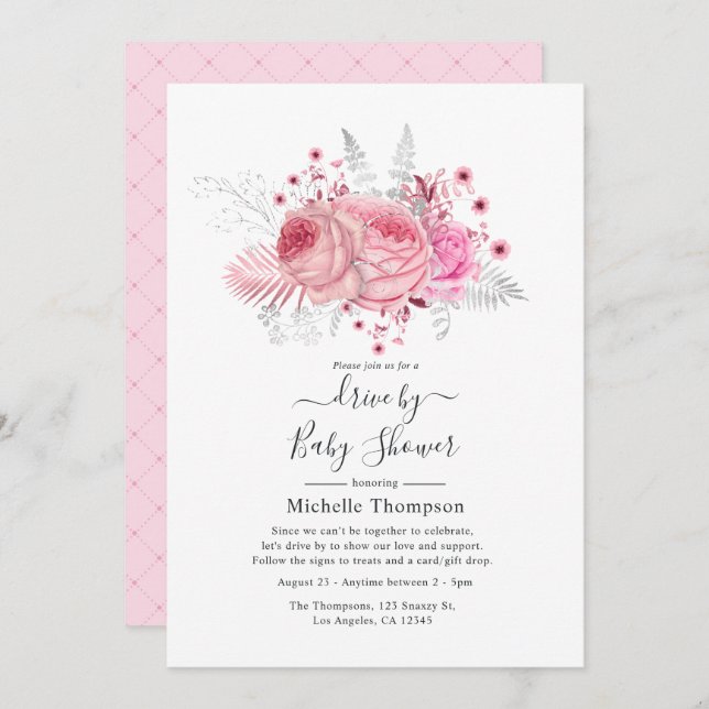 Pink and Silver Glitter Floral Drive By Shower Invitation (Front/Back)