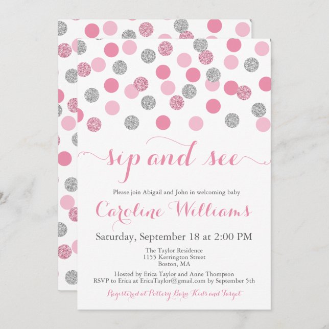 Pink and Silver Glitter Sip and See Invitations (Front/Back)