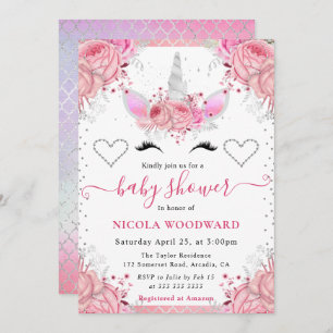 Pink and Silver Glitter Unicorn Face Baby Shower Invitation