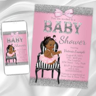 Pink and Silver Grey Ethnic Girl Baby Shower Invitation
