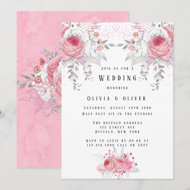 Pink and Silver Peony Florals Wedding Invitation (Front/Back)
