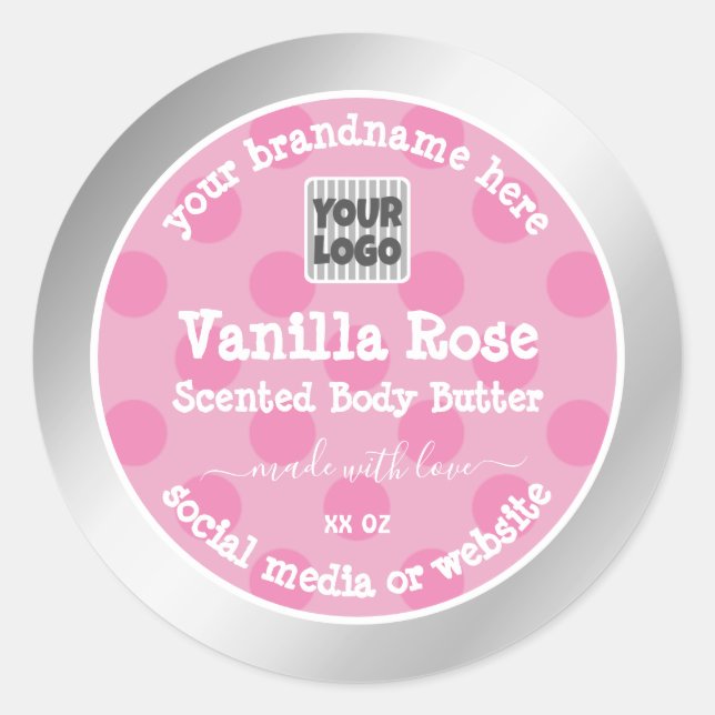 Pink and Silver Product Packaging Labels With Logo (Front)