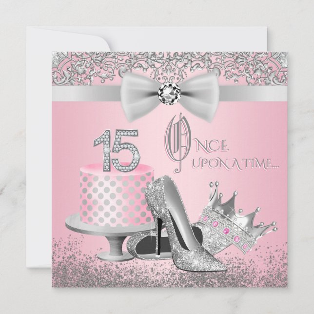 Pink and Silver Quinceanera Birthday Party Invitation (Front)