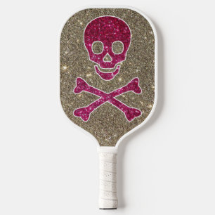 Pink and Silver Skull Glitter Pretty Tough Cool Pickleball Paddle