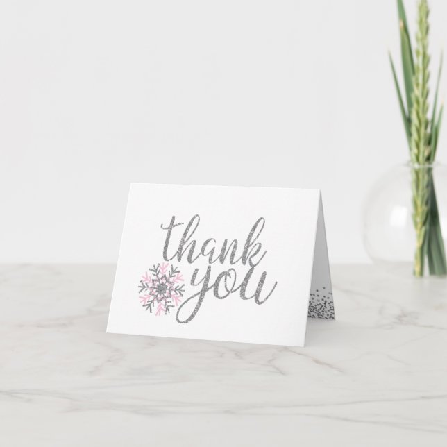 Pink and Silver Snowflake Baby Shower Thank You Card (Front)