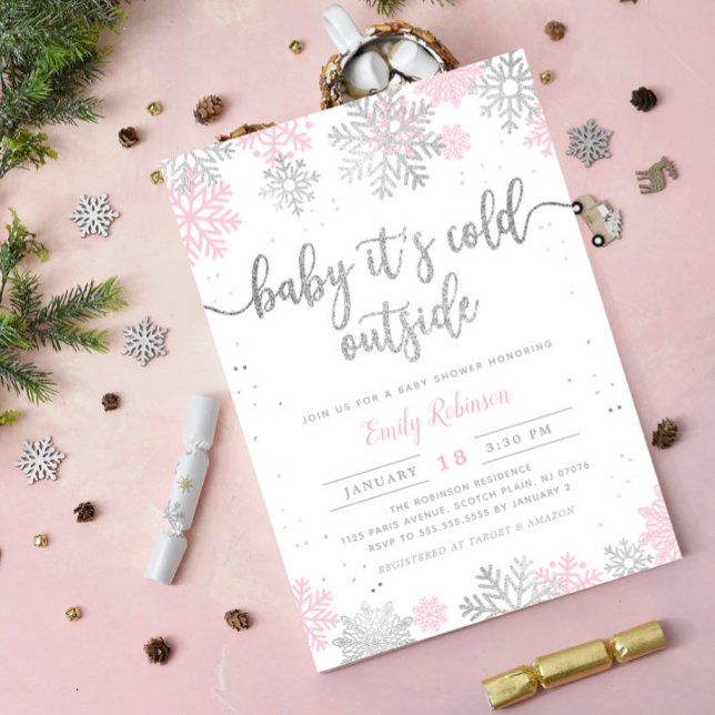 Pink And Silver Snowflake Winter Girl Baby Shower Invitation (Creator Uploaded)