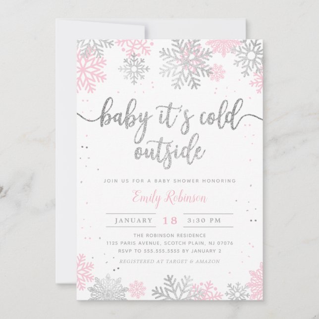 Pink And Silver Snowflakes Winter Girl Baby Shower Invitation (Front)