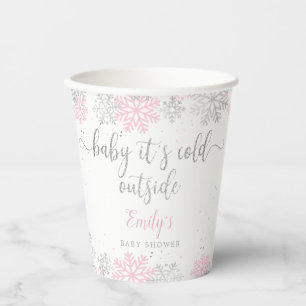 Pink And Silver Snowflakes Winter Girl Baby Shower Paper Cups