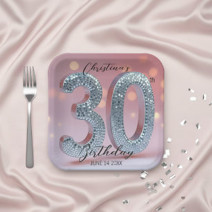 Pink and Silver Sparkling Disco Ball 30th Birthday Paper Plate
