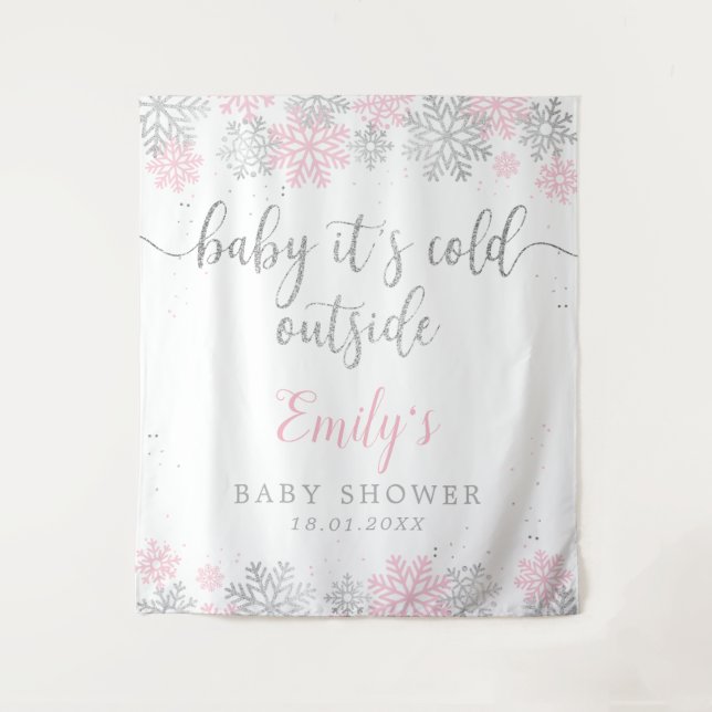 Pink And Silver Winter Snowflakes Girl Baby Shower Tapestry (Front)