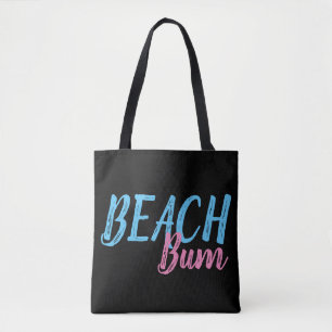 pink and sky blue BEACH BUM lettering on black Tote Bag