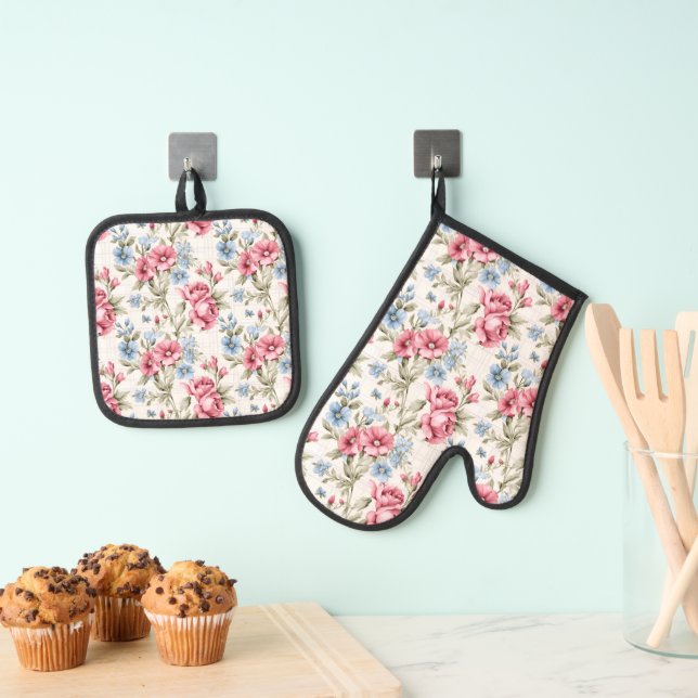 Pink and Sky Blue Floral and Polka Dots  Oven Mitt & Pot Holder Set (Insitu(Hanging))