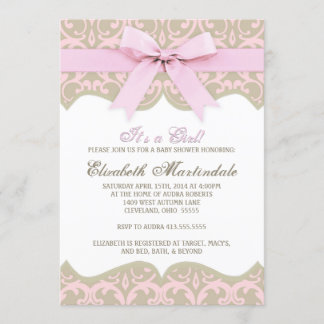 Pink and Taupe Damask Baby Shower Invitation