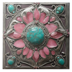 Pink and Teal Art Nouveau Mosaic Tile Pattern