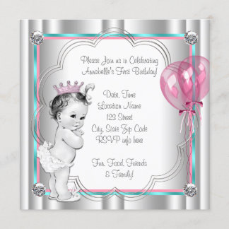 Pink and Teal Blue 1st Birthday Invitation