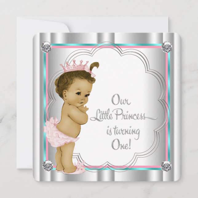 Pink and Teal Blue Princess 1st Birthday Party Invitation (Front)