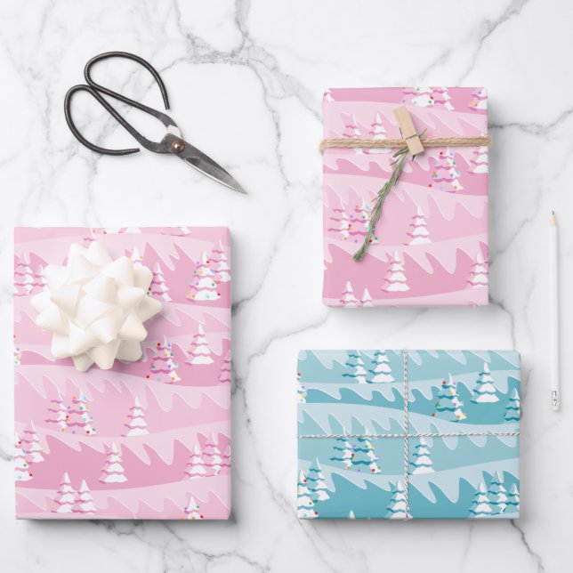Pink and Teal Christmas Trees Wrapping Paper Sheet (Front)