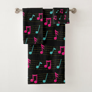 Pink and Teal Colourful Music Notes Print Bath Towel Set