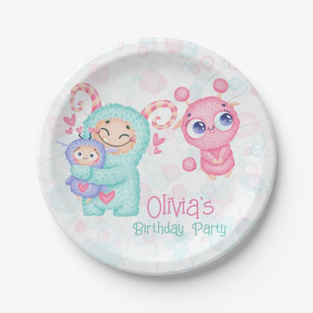 Pink and Teal Cute Monsters Girl Birthday Party Paper Plate (Front)