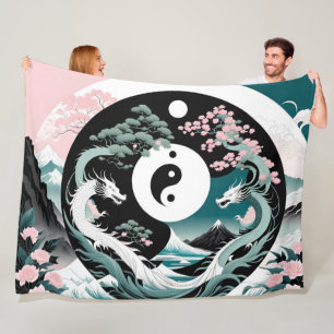 Pink and Teal Dragons Asian Landscape yin yang Fleece Blanket