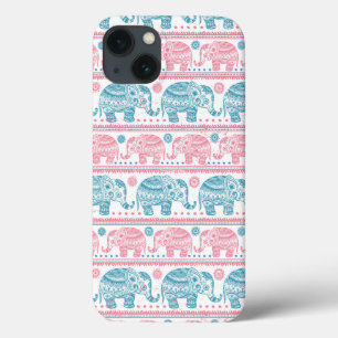 Pink And Teal Ethnic Elephant Pattern iPhone 13 Case