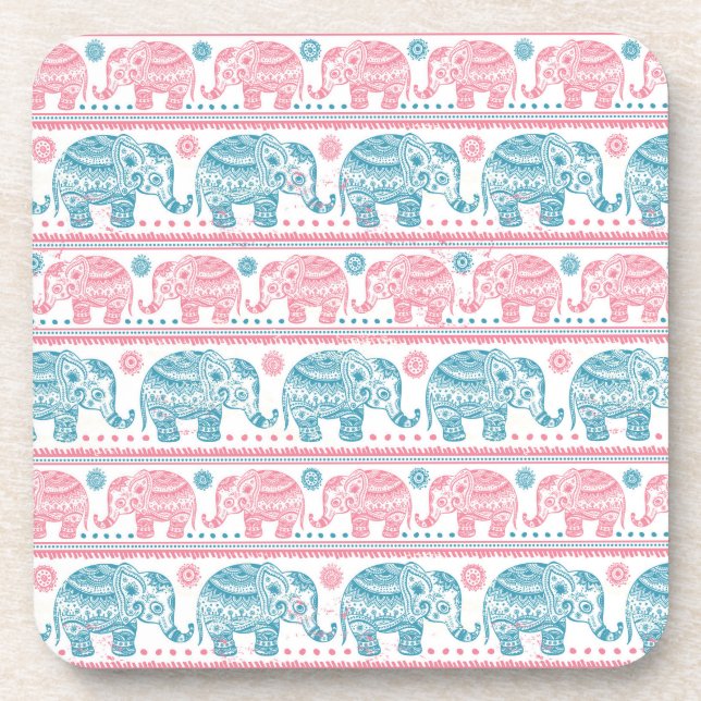 Pink And Teal Ethnic Elephant Pattern Coaster (Front)