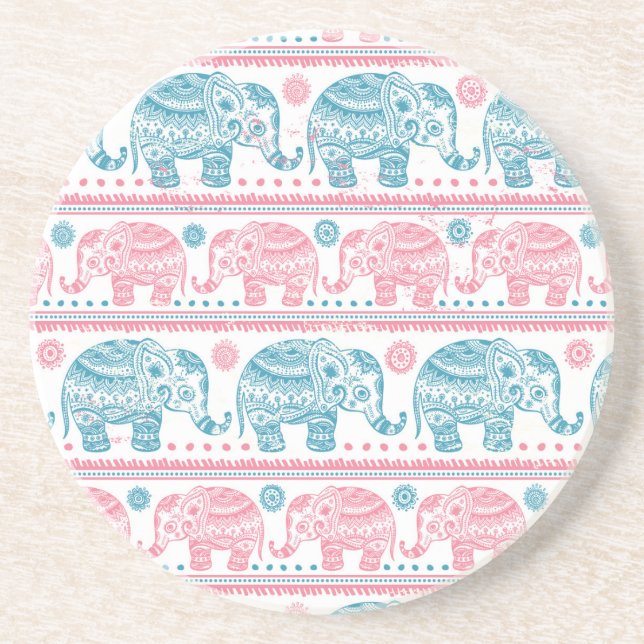 Pink And Teal Ethnic Elephant Pattern Coaster (Front)