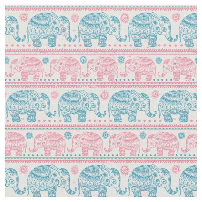 Pink And Teal Ethnic Elephant Pattern Fabric (Close Up)