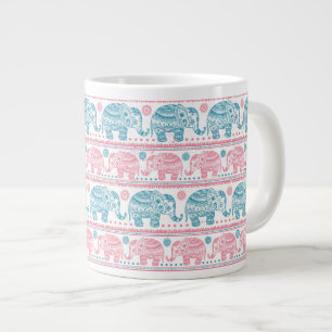Pink And Teal Ethnic Elephant Pattern Large Coffee Mug
