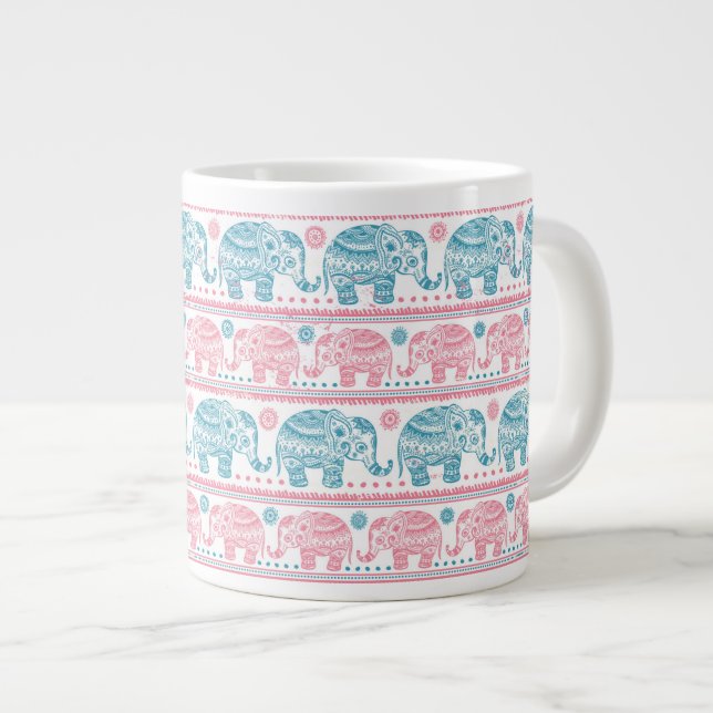 Pink And Teal Ethnic Elephant Pattern Large Coffee Mug (Front Right)