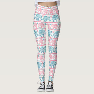 Pink And Teal Ethnic Elephant Pattern Leggings