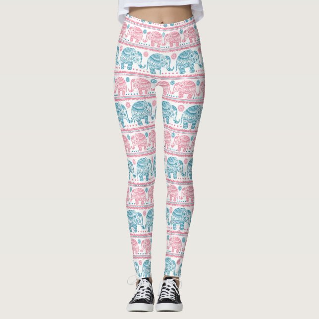 Pink And Teal Ethnic Elephant Pattern Leggings (Front)