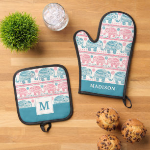 Pink And Teal Ethnic Elephant Pattern Oven Mitt & Pot Holder Set