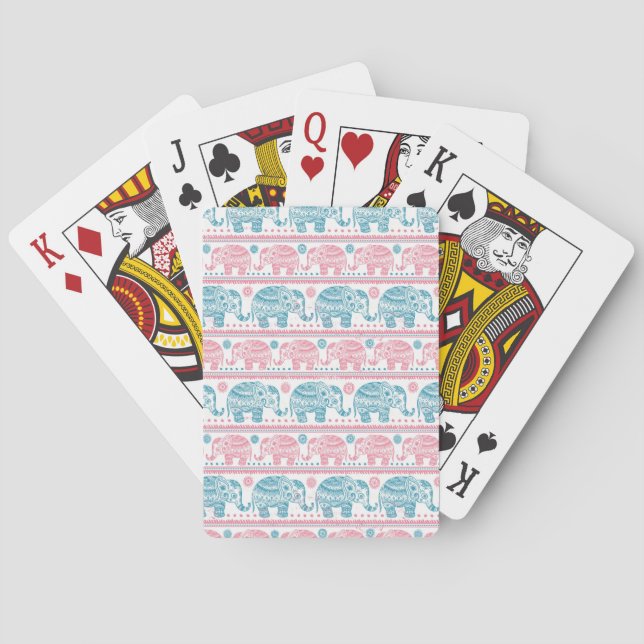 Pink And Teal Ethnic Elephant Pattern Playing Cards (Back)