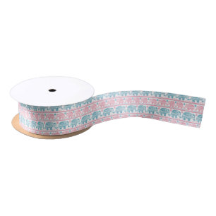 Pink And Teal Ethnic Elephant Pattern Satin Ribbon