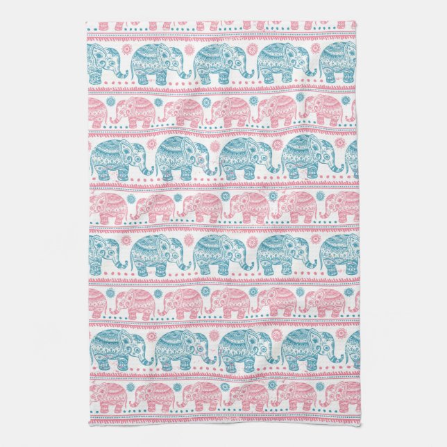 Pink And Teal Ethnic Elephant Pattern Tea Towel (Vertical)