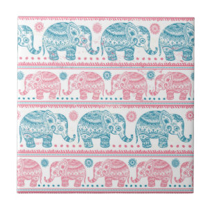 Pink And Teal Ethnic Elephant Pattern Tile