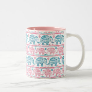 Pink And Teal Ethnic Elephant Pattern Two-Tone Coffee Mug
