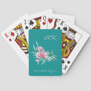Pink and teal floral botanical elegant monogrammed playing cards