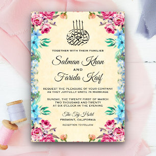 Pink and Teal Floral Islamic Muslim Wedding Invitation