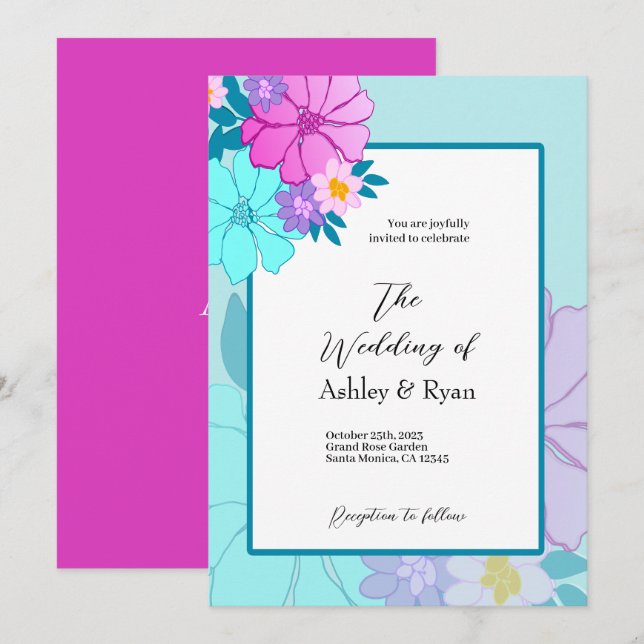 Pink and Teal Floral Wedding Invitations  (Front/Back)