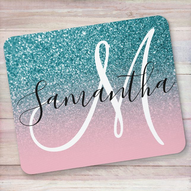 Pink and Teal Glitter Ombre Monogram Mouse Pad (Creator Uploaded)