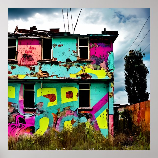 Pink and Teal Graffiti Art | Abandoned House Poster (Front)