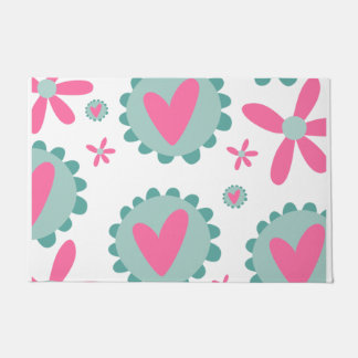 Pink And Teal Hearts And Pink Flowers Pattern Doormat