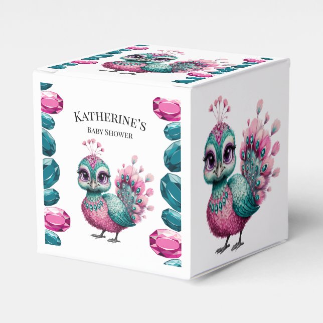 Pink and Teal Jewel Baby Peacock Baby Shower Favour Box (Front Side)