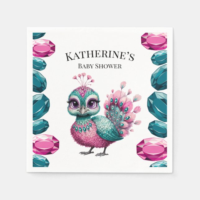 Pink and Teal Jewel Baby Peacock Baby Shower Napkin (Front)