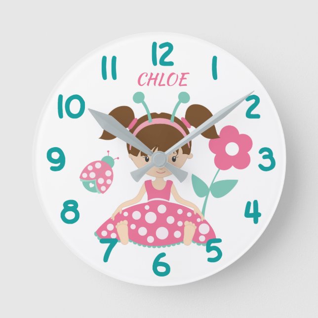Pink and Teal Ladybug Girl Round Clock (Front)